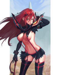 Rule 34 | 00s, 1girl, absurdres, bad id, bad pixiv id, breasts, cameltoe, chopguy, contrapposto, cosplay, crossover, green eyes, highres, kill la kill, large breasts, long hair, looking at viewer, matoi ryuuko, matoi ryuuko (cosplay), parted lips, planted, red hair, revealing clothes, scissors, senketsu, shut hell, shut hell (character), solo, standing, suspenders, tengen toppa gurren lagann, thighhighs, underboob, weapon, wind