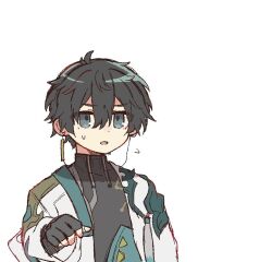 Rule 34 | 1boy, aqua eyes, arm at side, armor, black gloves, black hair, black shirt, dan heng (honkai: star rail), dot nose, earrings, eyes visible through hair, fingerless gloves, gloves, green armor, hair between eyes, hand up, hara (nanohara), honkai: star rail, honkai (series), jacket, jewelry, looking at viewer, male focus, open clothes, open jacket, parted lips, pauldrons, shirt, short hair, shoulder armor, simple background, single pauldron, solo, sweat, turtleneck, upper body, very short hair, white background, white jacket