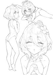 Rule 34 | 1girl, :o, absurdres, antenna hair, ass, bare shoulders, barefoot, blush, breasts, collarbone, commentary request, crossed arms, elf, closed eyes, facing viewer, flexible, flower, full body, hair between eyes, hair flower, hair ornament, highres, incoming kiss, kokkoro (princess connect!), leotard, looking at viewer, lying, monochrome, multiple views, mushi024, on stomach, open mouth, own hands together, parted lips, pointy ears, princess connect!, profile, puckered lips, short hair, simple background, small breasts, split, steepled fingers, upper body
