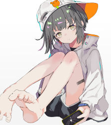 Rule 34 | 1girl, barcode, barcode tattoo, barefoot, black shorts, bob cut, broken screen, cellphone, dolphin shorts, feet, female focus, grey hair, hat, high collar, holding, holding phone, jacket, leg tattoo, looking at viewer, original, parted lips, phone, shiromiso, shorts, sideways hat, simple background, sitting, smartphone, soles, solo, tattoo, toe scrunch, toes, white background, white hat