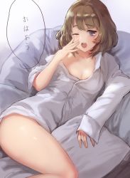 Rule 34 | 10s, 1girl, blue eyes, breasts, brown hair, cleavage, dress shirt, hand to own mouth, idolmaster, idolmaster cinderella girls, looking at viewer, lying, meto31, mole, mole under eye, naked shirt, off shoulder, open clothes, open shirt, shirt, short hair, small breasts, solo, takagaki kaede, tears, yawning