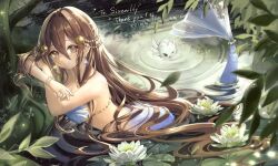 Rule 34 | 1girl, bracelet, breasts, brown eyes, brown hair, closed mouth, commentary request, commission, earrings, english text, flower, highres, hoshizora no shukufuku, indie virtual youtuber, jewelry, long hair, looking at viewer, lotus, mermaid, monster girl, outdoors, partially submerged, pearl bracelet, pearl hair ornament, reflection, scales, shell, shell bikini, sirenilily, skeb commission, smile, solo, thank you, virtual youtuber, water