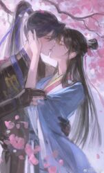Rule 34 | 1boy, 1girl, bishounen, black gloves, black hair, black hanfu, blue eyes, blue hanfu, blue sky, bow, bracer, branch, brown hair, character request, cherry blossoms, chinese clothes, chinese commentary, closed eyes, code: kite, commentary request, couple, cowboy shot, day, fingernails, gloves, hair bow, hair bun, hair ornament, hair ribbon, half-closed eyes, hand on another&#039;s arm, hand on another&#039;s face, hanfu, hetero, high ponytail, highres, light particles, long hair, long sleeves, making-of available, outdoors, partially fingerless gloves, petals, pink bow, purple ribbon, ribbon, sanfu qwq, single hair bun, sky, straight hair, tassel, tassel hair ornament, very long hair, weibo watermark, wide sleeves