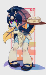 Rule 34 | 184nx, 1girl, apron, blue skin, colored sclera, colored skin, dumpling, fins, fish girl, food, grey background, hand on own hip, highres, leaning forward, looking to the side, minette (skullgirls), parted lips, pink eyes, ponytail, shell hair ornament, skullgirls, smile, solo, thighhighs, tray, yellow sclera