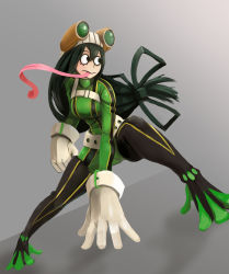 Rule 34 | 10s, 1girl, arm support, asui tsuyu, belt, black eyes, black thighhighs, bodysuit, boku no hero academia, boots, breasts, dutch angle, female focus, frog girl, full body, gloves, goggles, goggles on head, gradient background, green bodysuit, green hair, hair between eyes, hair rings, highres, large breasts, long hair, long tongue, looking away, looking to the side, low-tied long hair, medium breasts, mothman (the m0thman), sidelocks, solo, squatting, tagme, thigh boots, thighhighs, thighs, tiptoes, tongue, tongue out, very long hair, white gloves
