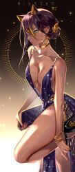 Rule 34 | 1girl, alternate costume, artist name, bare arms, bare shoulders, blue dress, blue eyes, breasts, cleavage, closed mouth, collarbone, commentary, dark-skinned female, dark skin, dehya (genshin impact), dress, earrings, english commentary, genshin impact, gold choker, gradient background, highres, jewelry, large breasts, looking at viewer, ringeko-chan, solo, thighs
