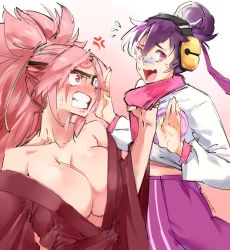 Rule 34 | 2girls, angry, baiken, bare shoulders, blush, breasts, cleavage, commentary, commission, eyepatch, facial tattoo, flat chest, flying sweatdrops, guilty gear, guilty gear xrd, hair bun, headphones, highres, japanese clothes, kenshin187, kimono, korean clothes, kum haehyun, large breasts, lifting person, long hair, multicolored hair, multiple girls, neck grab, no bra, off shoulder, one-eyed, open clothes, open kimono, pink eyes, pink hair, ponytail, purple hair, red eyes, scared, single hair bun, sweatdrop, tattoo, two-tone hair, white hair