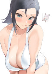 Rule 34 | 2girls, :q, animal ears, bare shoulders, black hair, blue eyes, blush, breasts, cleavage, commentary request, ikuchan kaoru, ikuchan kaoru (character), large breasts, leaning forward, mole, mole under mouth, multiple girls, o-ring, o-ring top, original, purple hair, revision, simple background, smile, tongue, tongue out, virtual youtuber, white background