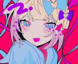 Rule 34 | 1girl, :d, blonde hair, blue bow, blue eyes, blue hair, blue shirt, blush, bow, chouzetsusaikawa tenshi-chan, commentary request, fang, hair bow, hair ornament, heart, heart hair ornament, long hair, looking at viewer, multicolored hair, needy girl overdose, neon palette, open mouth, pink background, pink bow, pink hair, purple bow, quad tails, rain undertale, shirt, simple background, smile, solo, twintails, upper body