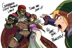 Rule 34 | 1girl, 2boys, blonde hair, breasts, brown hair, cape, cleavage, colored skin, covered abs, dress, english text, evil smile, fingerless gloves, forehead jewel, ganondorf, gloves, green headwear, green skin, hat, highres, link, long dress, medium breasts, multiple boys, nintendo, open mouth, pointy ears, princess zelda, reaching, red cape, red hair, sidelocks, smile, sweatdrop, the legend of zelda, the legend of zelda: ocarina of time, the legend of zelda: twilight princess, tina fate, v-shaped eyebrows