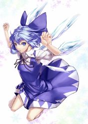 Rule 34 | 1girl, arms up, bad id, bad pixiv id, bare legs, barefoot, blue dress, blue eyes, blue hair, bow, cirno, dress, hair bow, ice, ice wings, looking at viewer, matching hair/eyes, neck ribbon, pinafore dress, ribbon, scottie (phantom2), short hair, sleeveless, sleeveless dress, snowflakes, solo, touhou, wings