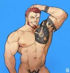 Rule 34 | 1boy, abs, absolum art, ares (priapus), arm tattoo, arm up, bara, bare pectorals, beard, blue background, blue eyes, borrowed character, chest tattoo, completely nude, cowboy shot, facial hair, hand on own head, highres, itto (mentaiko), large pectorals, male focus, manly, muscular, navel, nipples, nude, pectorals, priapus, pubic tattoo, red hair, short hair, shoulder tattoo, smile, solo, tattoo