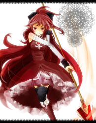 Rule 34 | 10s, 1girl, black thighhighs, boots, bow, elbow gloves, food, gloves, long hair, magical girl, mahou shoujo madoka magica, mahou shoujo madoka magica (anime), pocky, polearm, red eyes, red hair, sakuno shion, sakura kyoko, smile, solo, spear, thighhighs, weapon