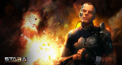 Rule 34 | 1boy, action, armor, asteroid, body armor, boulder, brown hair, cyborg, english text, explosion, fingerless gloves, fire, gloves, glowing, head tilt, heart, heart print, highres, logo, looking at viewer, male focus, mechanical arms, military, prosthesis, prosthetic arm, realistic, rock, scar, science fiction, short hair, short sleeves, shoulder armor, single mechanical arm, space, star conflict, tattoo, text print, upper body