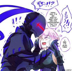 Rule 34 | 1boy, 1girl, :d, armor, armored dress, bare shoulders, berserker (fate/zero), black armor, breasts, elbow gloves, english text, eyebrows, closed eyes, fate/grand order, fate/zero, fate (series), father and daughter, full armor, gloves, hair over one eye, hands on another&#039;s face, hands on another&#039;s wrists, happy, looking at another, mash kyrielight, open mouth, purple hair, pvc parfait, short hair, smile, speech bubble, surprised, twitter username, upper body