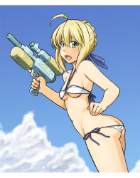 Rule 34 | 1girl, :d, ahoge, alto-00, aqua eyes, artoria pendragon (all), artoria pendragon (fate), artoria pendragon (swimsuit archer) (first ascension) (fate), ass, bikini, blonde hair, braid, breasts, butt crack, cloud, day, fate (series), halterneck, head tilt, highres, looking at viewer, looking to the side, navel, open mouth, saber (fate), side-tie bikini bottom, sky, smile, solo, swimsuit, water gun