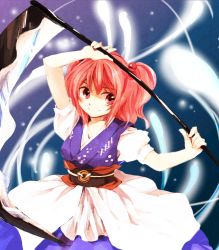 Rule 34 | 1girl, arms up, coin, female focus, hair bobbles, hair ornament, hitodama, holding, makuwauri, obi, onozuka komachi, puffy sleeves, red eyes, red hair, sash, scythe, short hair, smile, solo, touhou, twintails, two side up