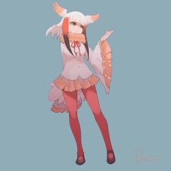 Rule 34 | 10s, 1girl, 2017, arm behind back, bird tail, blunt bangs, blush, collar, commentary request, dated, drawstring, eyelashes, frilled sleeves, frills, full body, fur collar, gradient hair, hand up, head wings, highres, japanese crested ibis (kemono friends), kemono friends, long sleeves, looking away, looking up, mary janes, multicolored hair, no nose, pantyhose, pink skirt, pleated skirt, red hair, red pantyhose, rota (bitmap1022), shoes, short hair, short hair with long locks, sidelocks, signature, simple background, skirt, solo, standing, tail, two-tone hair, white background, white hair, wide sleeves, wings, yellow eyes