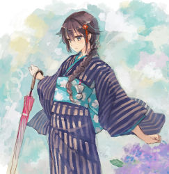 Rule 34 | 10s, 1girl, alternate costume, braid, closed umbrella, commentary request, flower, from side, gradient background, hair between eyes, hair flaps, hair ornament, hairpin, hydrangea, japanese clothes, kantai collection, kimono, long hair, long sleeves, naruse chisato, obi, outstretched arms, sash, shigure (kancolle), single braid, smile, standing, teruterubouzu, umbrella