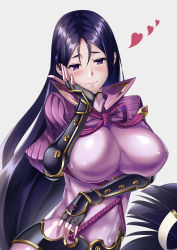 Rule 34 | 1girl, arm guards, armor, black gloves, blush, bodysuit, breast hold, breasts, choker, closed mouth, commentary, covered erect nipples, covered navel, fate/grand order, fate (series), fingerless gloves, fingernails, gloves, grey background, hair between eyes, half-closed eyes, hand on own cheek, hand on own face, heart, highres, impossible bodysuit, impossible clothes, japanese clothes, large breasts, long fingernails, long hair, looking at viewer, low-tied long hair, minamoto no raikou (fate), nail polish, pink lips, pink nails, purple bodysuit, purple eyes, purple hair, purple sailor collar, rope, sailor collar, shiny clothes, simple background, skin tight, smile, solo, standing, toumin, turtleneck, upper body, very long hair
