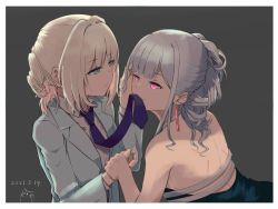 Rule 34 | 2girls, ak-12 (girls&#039; frontline), ak-12 (quiet azure) (girls&#039; frontline), alternate costume, an-94 (antje) (girls&#039; frontline), an-94 (girls&#039; frontline), aqua dress, aqua eyes, aqua jacket, blazer, blonde hair, blue necktie, closed mouth, dated, dress, earrings, girls&#039; frontline, hair ornament, hand grab, hand in own hair, jacket, jewelry, long hair, looking at another, mouth hold, multiple girls, necktie, official alternate costume, purinmeow, purple eyes, shirt, silver hair, simple background, smile, upper body, white shirt, yuri