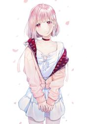 Rule 34 | 1girl, artist name, bad id, bad pixiv id, bob cut, breasts, cherry blossoms, cherry print, choker, dress, earrings, food print, highres, jewelry, long sleeves, looking at viewer, medium hair, oli o o, original, pink hair, red choker, red eyes, small breasts, solo, standing, white background, white dress, zipper