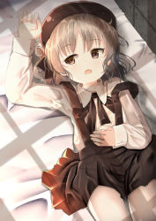 Rule 34 | 1girl, arm up, bed sheet, beret, black hat, black ribbon, black skirt, brown eyes, brown hair, collared shirt, commentary request, fang, flower, hair flower, hair ornament, hair rings, hand on own stomach, hat, hatoba tsugu, highres, looking away, looking to the side, lying, mad (hazukiken), mole, mole under eye, on back, open mouth, pantyhose, pleated skirt, ribbon, rose, shirt, skirt, solo, suspender skirt, suspenders, virtual youtuber, white flower, white pantyhose, white rose, white shirt