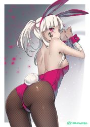 Rule 34 | 1girl, animal ears, ass, back, bandages, bandaged arm, bandages, bare shoulders, blush, rabbit ears, rabbit tail, detached collar, fake animal ears, fishnet pantyhose, fishnets, highres, leotard, outside border, pantyhose, playboy bunny, red eyes, red leotard, reiwa, solo, stitches, strapless, strapless leotard, super zombie, tail, twintails, twitter username, white hair, wrist cuffs