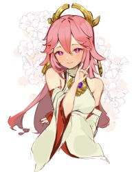 Rule 34 | 1girl, bare shoulders, blush, breasts, detached sleeves, floral background, genshin impact, hair between eyes, headpiece, highres, japanese clothes, long hair, medium breasts, nachoz (nachozart), nontraditional miko, pink eyes, pink hair, smile, solo, upper body, wide sleeves, yae miko