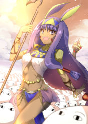 Rule 34 | 1girl, :d, absurdres, big hair, bracelet, breasts, cowboy shot, dark-skinned female, dark skin, day, earrings, egyptian, egyptian clothes, facial mark, fate/grand order, fate (series), hair tubes, hairband, haku (grimjin), highres, holding, holding staff, hoop earrings, jewelry, loincloth, long hair, looking at viewer, medjed (fate), midriff, navel, nitocris (fate), open mouth, purple eyes, purple hair, sidelocks, small breasts, smile, staff, stomach, sunlight, teeth, very long hair