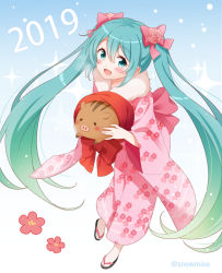 Rule 34 | 1girl, 2019, :d, animal, aqua eyes, aqua hair, blue background, bow, flower, full body, gradient background, gradient hair, green hair, hair between eyes, hair bow, hair flower, hair ornament, hatsune miku, holding, holding animal, japanese clothes, kimono, long hair, looking at viewer, multicolored hair, open mouth, pig, pink kimono, sandals, smile, snowmi, solo, twintails, twitter username, very long hair, vocaloid