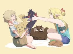 Rule 34 | 2girls, animal, animalization, annoyed, bandeau, barefoot, belt, black bra, black cat, blonde hair, blue shirt, blue shorts, bra, bra strap, braid, brown eyes, brown shorts, casual, cat, chilchuck tims, closed eyes, commentary, cropped shirt, cutoffs, denim, denim shorts, dog, dungeon meshi, elf, english commentary, falin touden, flat chest, flying sweatdrops, folded hair, french braid, green eyes, green scarf, grey hair, half updo, happy, highres, holding, holding animal, indian style, izutsumi, laios touden, laios touden, laughing, long hair, looking at another, marcille donato, midriff, motion blur, multiple braids, multiple girls, navel, one eye closed, open mouth, outstretched arms, parted bangs, pointy ears, profile, raneblu, red scarf, scarf, shirt, shoe soles, short hair, short sleeves, shorts, side braid, sideless outfit, simple background, sitting, sleeveless, smile, strapless, strapless bra, t-shirt, tongue, tongue out, underwear, white shirt, yellow background, yellow eyes
