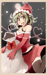 Rule 34 | 1girl, :d, absurdres, ahoge, black thighhighs, blush, border, bow, brown border, christmas, commentary request, fur-trimmed gloves, fur-trimmed shirt, fur trim, gloves, green eyes, green hair, gumi, hat, heart, highres, open mouth, outline, pachio (patioglass), red bow, red gloves, red shirt, red skirt, sack, santa costume, santa hat, shirt, short hair with long locks, skirt, smile, snowing, solo, thighhighs, vocaloid, white outline