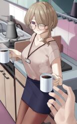 Rule 34 | 1girl, 1other, absurdres, black-framed eyewear, blue skirt, breasts, brown hair, brown pantyhose, brown shirt, closed mouth, collarbone, commentary, cup, earrings, english commentary, glasses, haerge, hair over one eye, highres, holding, holding cup, honkai (series), honkai impact 3rd, indoors, jewelry, lanyard, long hair, looking at viewer, medium breasts, mug, pantyhose, purple eyes, rita rossweisse, shirt, short sleeves, skirt, smile, standing, steam, tile wall, tiles
