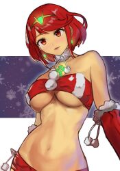 Rule 34 | 1girl, blush, breasts, chest jewel, choker, dangle earrings, earrings, fur-trimmed sleeves, fur trim, gem, gloves, highres, jewelry, large breasts, micro shorts, navel, parted lips, pom pom (clothes), pyra (xenoblade), r123, red eyes, red gloves, red hair, santa costume, short hair, shorts, snowflakes, solo, strapless, swept bangs, tiara, tube top, underboob, xenoblade chronicles (series), xenoblade chronicles 2