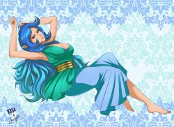 Rule 34 | angry, barefoot, blue eyes, blue hair, breasts, dress, feet, jewelry, long hair, lots of jewelry, lying, nail polish, nayru, nintendo, pointy ears, r3dfive, the legend of zelda, the legend of zelda: oracle of ages