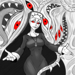 Rule 34 | 1girl, 2015, cross, cross necklace, double (skullgirls), extra eyes, greyscale, habit, highres, jewelry, looking at viewer, monochrome, monster, monster girl, necklace, nun, outstretched arms, red eyes, semlgrim, sharp teeth, skullgirls, smile, solo, spot color, teeth