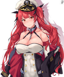 Rule 34 | 1girl, absurdres, azur lane, between breasts, black ribbon, blush, breasts, buttons, chain, choker, cleavage, collarbone, dress, elbow gloves, gloves, hair ribbon, hat, highres, holding, holding clothes, holding jacket, honolulu (azur lane), jacket, large breasts, long hair, looking at viewer, off shoulder, peaked cap, red eyes, red hair, ribbon, rigging, sidelocks, simple background, sirurabbit, smile, solo, sweat, tight clothes, tight dress, twintails, underbust, white gloves