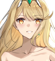 Rule 34 | 1girl, blonde hair, blush, collarbone, earrings, jewelry, long hair, looking at viewer, maya g, mythra (xenoblade), orange eyes, parted lips, portrait, simple background, single earring, smile, solo, tiara, white background, xenoblade chronicles (series), xenoblade chronicles 2