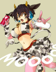 Rule 34 | 10s, 1girl, animal ears, animal print, arm warmers, ashijirou, bell, black hair, bottle, breasts, brown eyes, collar, cow ears, cow girl, cow horns, cow print, cow tail, cowbell, elbow gloves, female focus, frilled skirt, frills, gloves, headphones, headset, horns, idolmaster, idolmaster cinderella girls, large breasts, leg warmers, m/, midriff, milk, milk bottle, milk carton, navel, neck bell, oikawa shizuku, open mouth, pink gloves, pink thighhighs, short hair, skirt, solo, tail, thighhighs