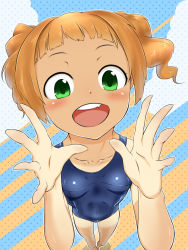 Rule 34 | 1girl, bad id, bad pixiv id, brown hair, cloud, collarbone, dark-skinned female, dark skin, facing viewer, fang, foreshortening, green eyes, halftone, halftone background, hands up, happy, highres, idolmaster, idolmaster (classic), looking at viewer, open mouth, school swimsuit, solo, spread fingers, striped, striped background, swimsuit, takatsuki yayoi, tan, tanline, twintails, yoshiwa tomo