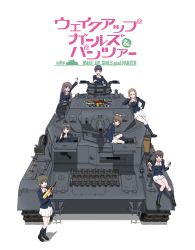 Rule 34 | 10s, 6+girls, absurdres, artist request, blouse, blunt bangs, character request, copyright name, crossover, girls und panzer, green shirt, highres, kneehighs, military, military vehicle, motor vehicle, multiple girls, ooarai military uniform, panzer iv, panzer iv, shirt, simple background, sitting, socks, standing, tagme, tank, wake up girls!, white background