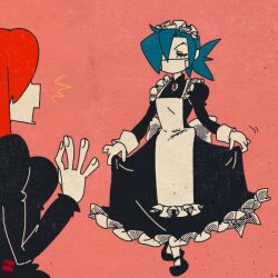Rule 34 | 2girls, alternate costume, apron, blue hair, brooch, closed eyes, dress, frilled apron, frilled dress, frills, jewelry, maid, maid headdress, mary janes, minawa108, mouth mask, multiple girls, open mouth, pantyhose, parasoul (skullgirls), pink background, ponytail, red hair, shoes, skullgirls, surgical mask, surprised, valentine (skullgirls)