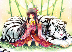 Rule 34 | 1girl, bamboo, bamboo forest, brown hair, female focus, forest, hair ornament, houraisan kaguya, kneeling, long hair, namie-kun, nature, red eyes, solo, tiger, touhou, white tiger