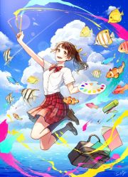 Rule 34 | 1girl, :d, akagi shun, angelfish, bag, black socks, blue sky, bow, bowtie, brown eyes, brown footwear, brown hair, cloud, cloudy sky, clownfish, commentary request, day, fish, flying fish, full body, hair ornament, hair ribbon, hairclip, holding, jumping, kneehighs, lens flare, loafers, looking at viewer, open mouth, original, outdoors, paintbrush, palette (object), purple socks, red bow, red bowtie, red skirt, ribbon, shirt, shoes, skirt, sky, smile, socks, solo, tropical fish, white shirt, yellow ribbon
