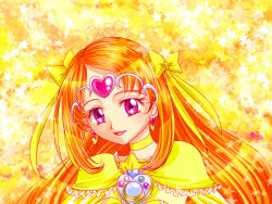 Rule 34 | 10s, 1girl, bad id, bad pixiv id, bow, brooch, choker, circlet, cure muse, cure muse (yellow), dress, frills, hair ribbon, heart, jewelry, long hair, magical girl, orange hair, precure, red eyes, ribbon, shirabe ako, skirt, smile, solo, suite precure, tokiwa wakatake, upper body, yellow background, yellow bow, yellow dress, yellow skirt
