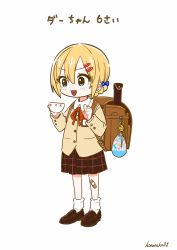 Rule 34 | 1girl, aged down, backpack, bag, bandaid, bandaid on knee, bandaid on leg, black footwear, black skirt, blonde hair, blouse, blue bow, blue eyes, bow, braid, brown shirt, collared shirt, commentary, cup, darjeeling (girls und panzer), girls und panzer, hair bow, hair ornament, hairclip, highres, holding, holding cup, hone (honehone083), loafers, long sleeves, looking to the side, medium skirt, neck ribbon, one-hour drawing challenge, open mouth, plaid, plaid skirt, pleated skirt, pointing, pointing up, randoseru, recorder case, red ribbon, ribbon, school uniform, shirt, shoes, short hair, simple background, skirt, smile, socks, solo, teacup, translated, white background, white socks