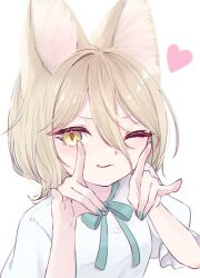 Rule 34 | 1girl, animal ears, blonde hair, blush, closed mouth, commentary, double fox shadow puppet, fingernails, fox ears, fox shadow puppet, green nails, green ribbon, hair between eyes, heart, highres, kudamaki tsukasa, mizore arius, nail polish, one eye closed, ribbon, romper, short hair, short sleeves, simple background, smile, solo, touhou, white background, white romper, yellow eyes