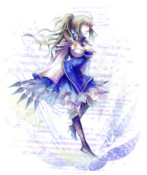 Rule 34 | 1girl, blonde hair, boots, breasts, cleavage, dress, jewelry, knee boots, large breasts, long hair, necklace, ponytail, ran (sterngeistig), shin sangoku musou, solo, wang yuanji, weapon, yellow eyes