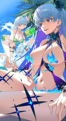 Rule 34 | 2girls, armlet, bare shoulders, bikini, blue fire, blue hair, body markings, bracelet, breasts, cleavage, collarbone, dual persona, earrings, fate/grand order, fate (series), fire, flower, frills, green bikini, hair flower, hair ornament, hair ribbon, jewelry, kama (fate), kama (swimsuit avenger) (fate), kama (swimsuit avenger) (second ascension) (fate), kama (swimsuit avenger) (third ascension) (fate), large breasts, long hair, looking at viewer, lotus, multicolored hair, multiple girls, navel, necklace, omurice (304975636), open mouth, pendant, red eyes, revealing clothes, ribbon, smile, star (symbol), star earrings, swimsuit, thighs, two-tone hair, white hair